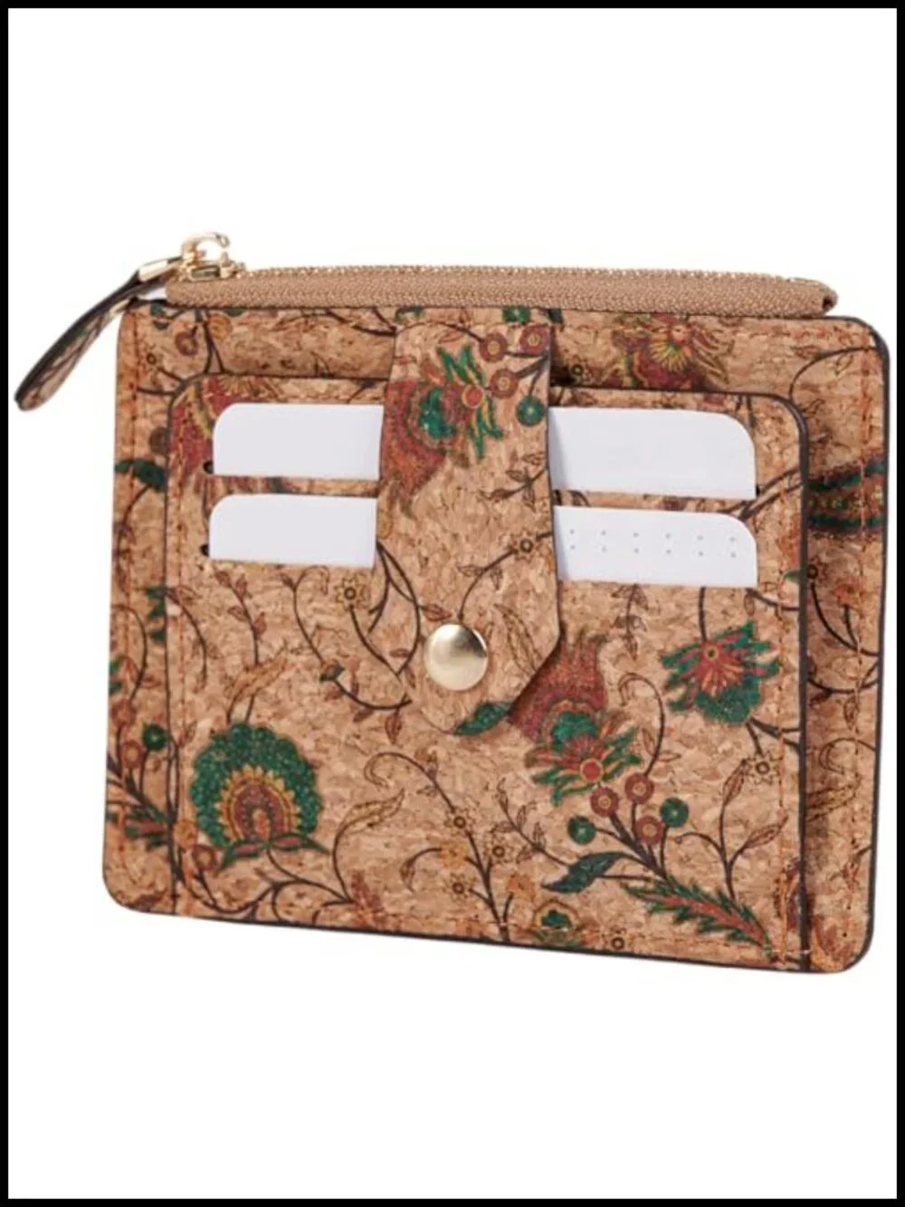 Floral Cork Card Holder Slim Wallet Multi-Compartment Zipper 10 Card Slots